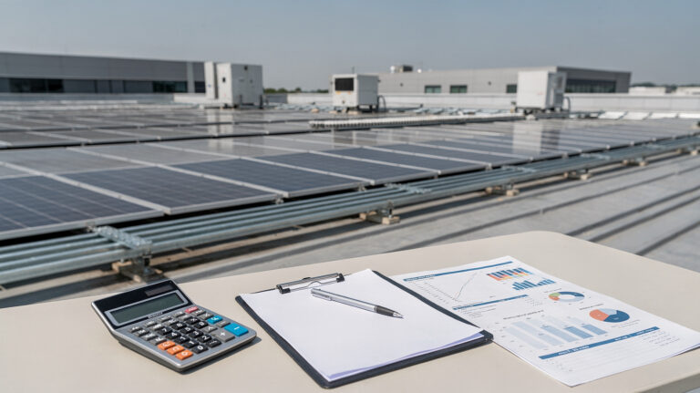 Photovoltaik als Geschäftsmodell richtig kalkulieren Dach-PV-Anlage mit Solarmodulen, Wechselrichter und Unterlagen zur Wirtschaftlichkeitsberechnung