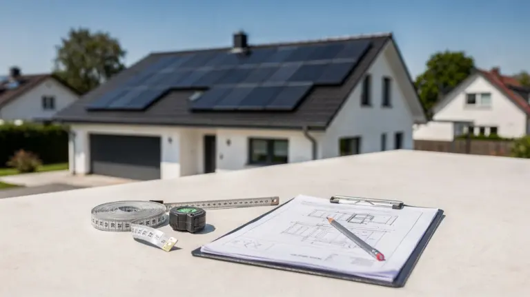 Dach eines Einfamilienhauses mit Solarmodulen und Messwerkzeug zur Prüfung der Photovoltaik