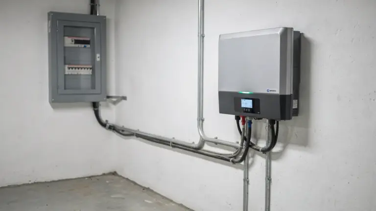 Wechselrichterstörungen erkennen und richtig handeln Wechselrichter in einem Technikraum mit Anzeige, Kabeln und Sicherungskasten bei einer Solaranlage